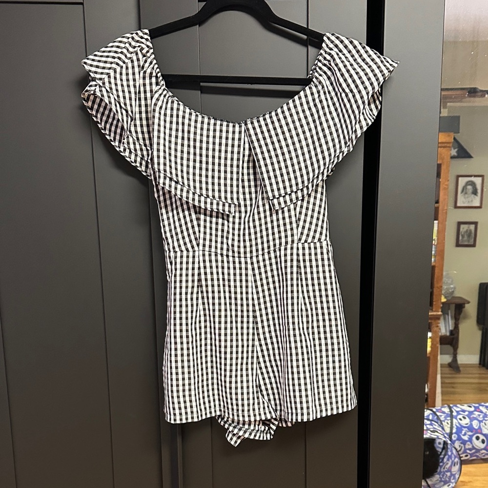 Kittenish Black and White Gingham Romper
